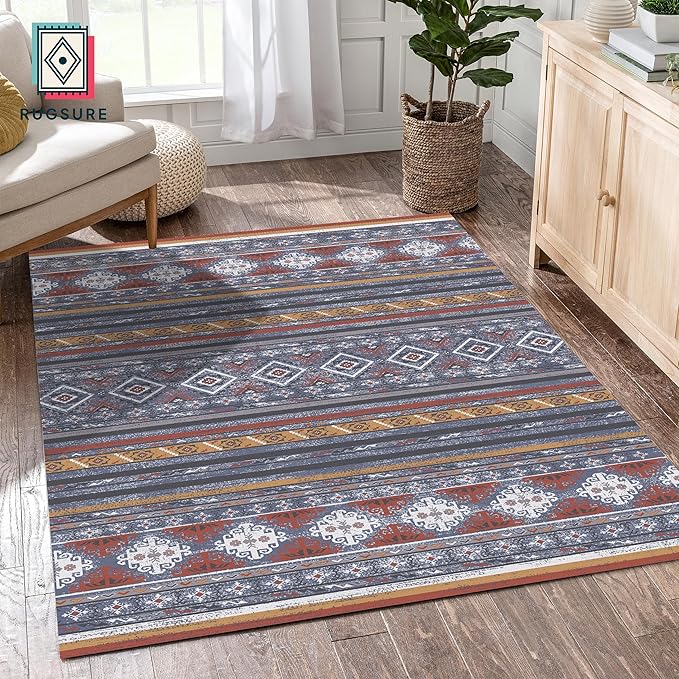 RUGSURE Washable Area Rugs 9' x 12' - 1/6 Thick - Moroccan-Inspired -Stain & Water Resistant Non-Slip - Resistant Rug for Living Room, Bedroom, Nursery, Pet & Child Friendly (Blue and Red)