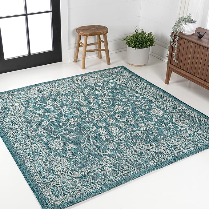 JONATHAN Y Weave Floral Indoor Outdoor Square Area Rug 8X8 Teal/Gray, Tela Bohemian Textured for Backyard, Patio, Porch, Easy-Cleaning, High Traffic, Pet-Friendly, Non-Shedding (SMB100C-8SQ)