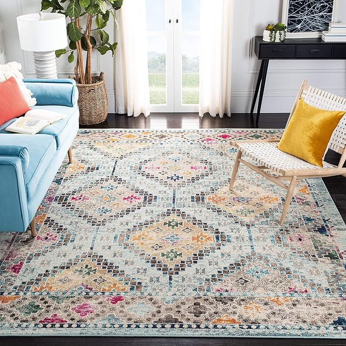 SAFAVIEH Madison Collection Area Rug - 6'7" Square, Blue & Yellow, Boho Diamond Distressed Design, Non-Shedding & Easy Care, Ideal for High Traffic Areas in Living Room, Bedroom (MAD418K)