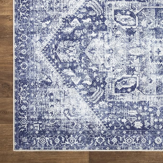 Bloom Rugs Washable Non-Slip 6' x 9' Rug - Blue/Ivory Traditional Area Rug for Living Room, Bedroom, Dining Room, and Kitchen - Exact Size: 6' x 9'