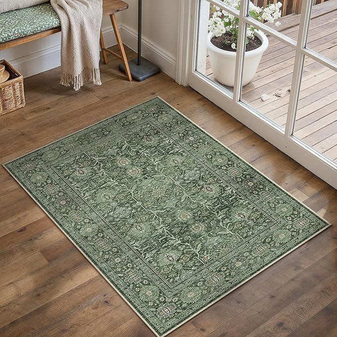 Green Area Rug 2x3 Entryway Washable Soft Carpet Vintage Non Slip Indoor Kitchen Entrance Door Mat Traditional Retro Distressed Small Thicker Throw Rug Bathroom Laundry Bedroom