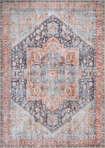 Bloom Rugs Washable Non-Slip 9' x 12' Rug - Terracotta/Blue Traditional Medallion Area Rug for Living Room, Bedroom, Dining Room, and Kitchen - Exact Size: 9' x 12'