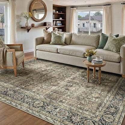 Vintage Area Rug 5x7 Brown Washable Living Room Large Carpet Non Slip Bedroom Indoor Office Low Pile Traditional Distressed Retro Accent Rug for Dining Room Bathroom Kitchen
