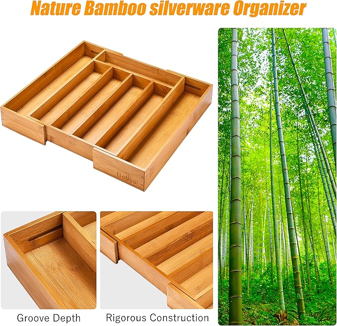 Bellsal Silverware Organizer Kitchen Drawer Organizer Expandable Bamboo Utensil - Image 5