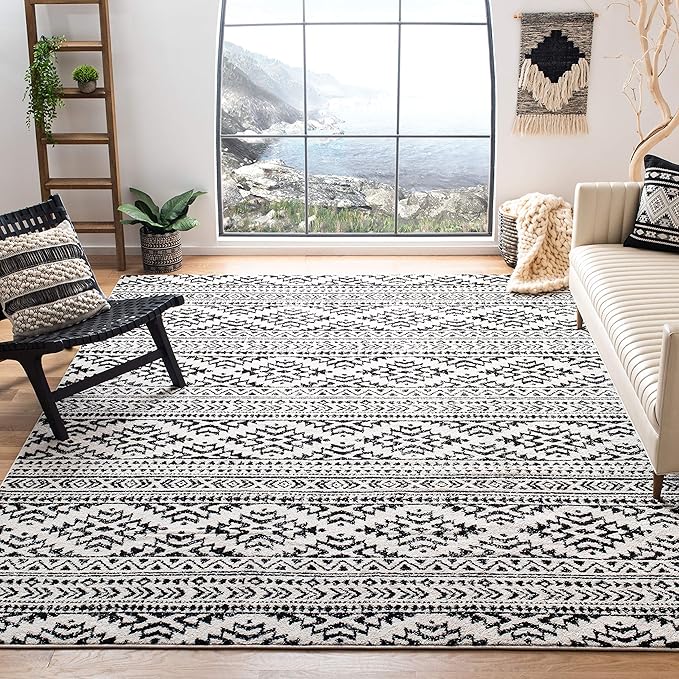 SAFAVIEH Tulum Collection Area Rug - 6'7" Square, Ivory & Black, Moroccan Boho Tribal Design, Non-Shedding & Easy to Clean, Ideal for Living Room, Bedroom, Dining Space (TUL272B)