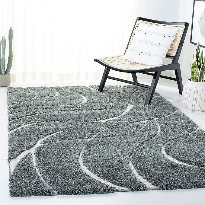 SAFAVIEH Florida Shag Collection Area Rug - 6'7" Square, Sage & Ivory, Scroll Design, Non-Shedding & Easy Care, 1.2-inch Thick Ideal for High Traffic Areas in Living Room, Bedroom (SG471-5112)