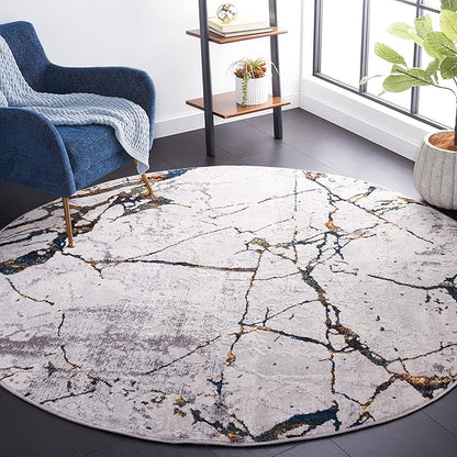 SAFAVIEH Amelia Collection 6'7" Round Grey/Blue Gold ALA293M Modern Abstract Non-Shedding Area Rug