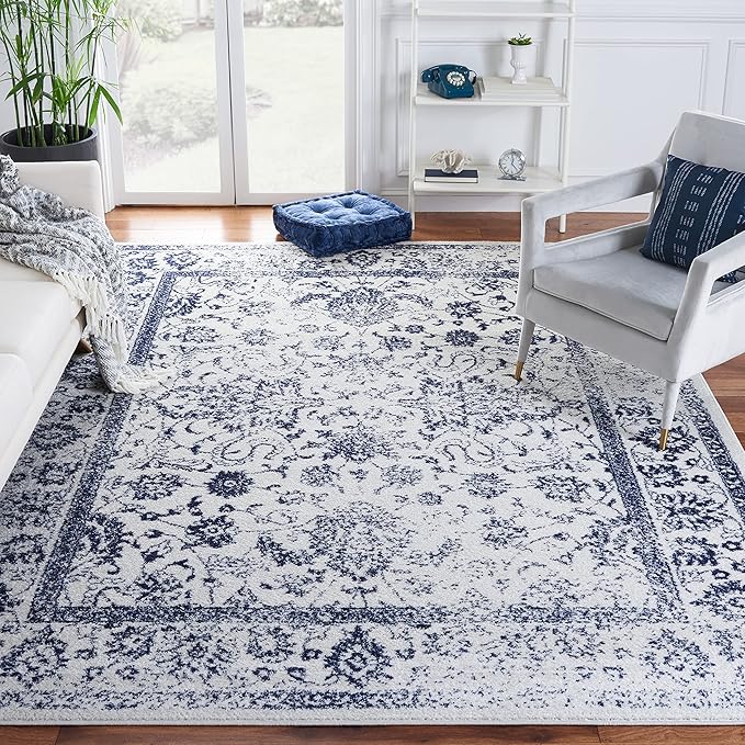 SAFAVIEH Area Rug 10x14 - Adirondack Collection - Large - Ivory & Navy, Distressed Vintage Floral Design, Non-Shedding & Easy to Clean, Ideal for Living Room, Bedroom, Dining Space (ADR109M)