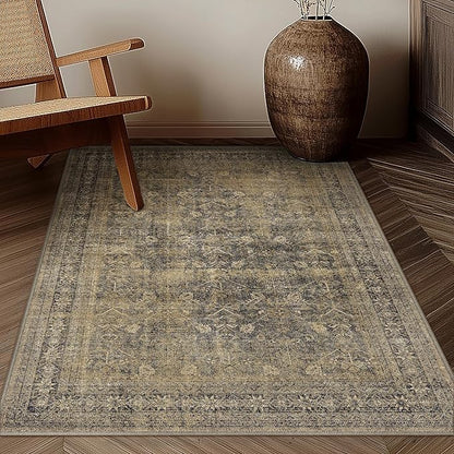 4x6 Brown Black Area Rug Washable Vintage Distressed Office Carpet Low Pile Entryway Non Slip Indoor Soft Retro Entrance Throw Accent Rug for Kitchen Bathroom Bedroom Dining Living Room