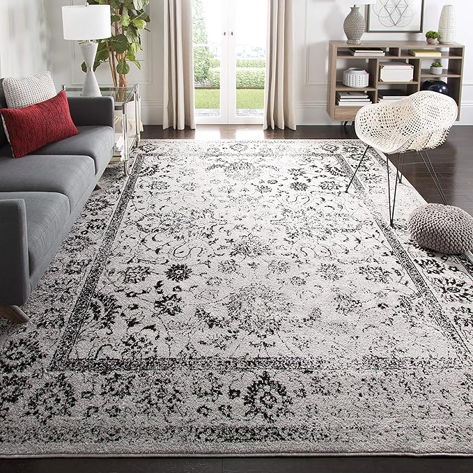 SAFAVIEH Adirondack Collection Area Rug - 6' Square, Grey & Black, Distressed Vintage Floral Design, Non-Shedding & Easy to Clean, Ideal for Living Room, Bedroom, Dining Space (ADR109B)