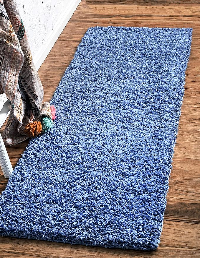 Unique Loom Solid Shag Collection Area Rug (2' 6" x 16' 5" Runner, Periwinkle Blue)