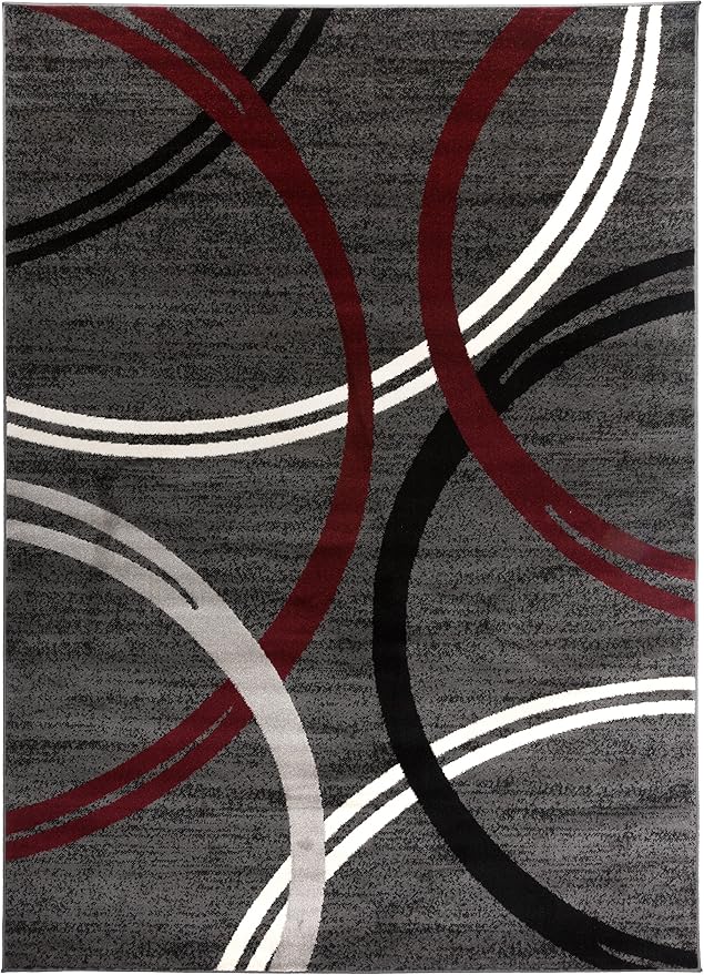 Rugshop Modern Wavy Circles Design Non-Shedding Area Rug, Carpet for Living Room or Dining Room, Grand Room,Open Spaces Red, 8'8" x 12'