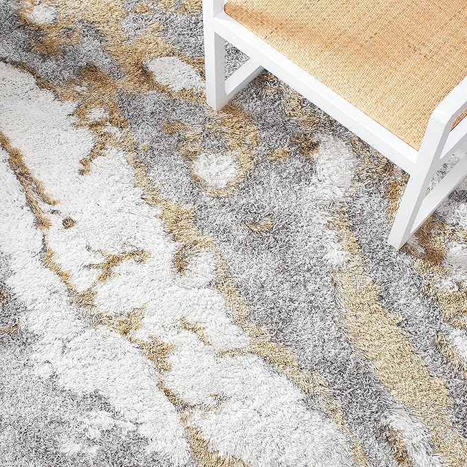 SAFAVIEH Horizon Shag Collection Area Rug - 9' Round, Grey & Gold, Modern Abstract Design, Plush 2.5-inch Thick, Ideal for High Traffic Areas in Living Room, Bedroom, Dining (HZN890D-9R)