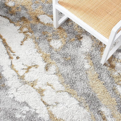 SAFAVIEH Horizon Shag Collection Area Rug - 9' Round, Grey & Gold, Modern Abstract Design, Plush 2.5-inch Thick, Ideal for High Traffic Areas in Living Room, Bedroom, Dining (HZN890D-9R)