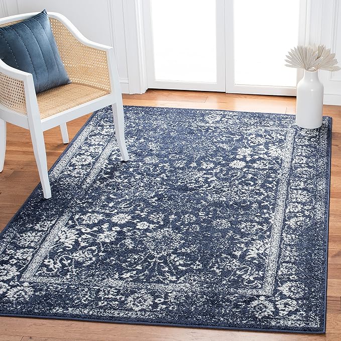 SAFAVIEH Adirondack Collection Area Rug - 4' Square, Navy & Ivory, Distressed Vintage Floral Design, Non-Shedding & Easy to Clean, Ideal for Living Room, Bedroom, Dining Space (ADR109N)