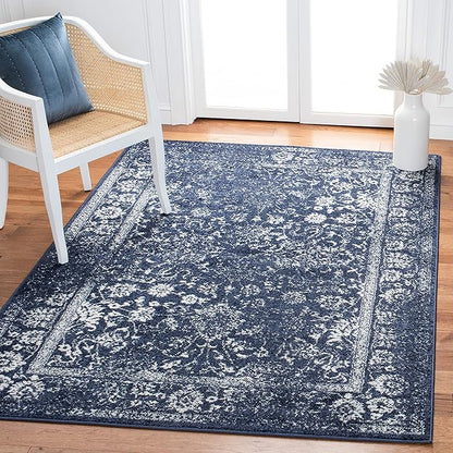 SAFAVIEH Adirondack Collection Area Rug - 4' Square, Navy & Ivory, Distressed Vintage Floral Design, Non-Shedding & Easy to Clean, Ideal for Living Room, Bedroom, Dining Space (ADR109N)