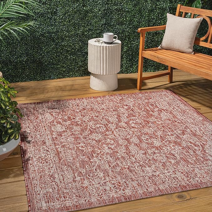 JONATHAN Y Weave Floral Indoor Outdoor Square Area Rug 6X6 Red/Taupe, Tela Bohemian Textured for Backyard, Patio, Porch, Easy-Cleaning, High Traffic, Pet-Friendly, Non-Shedding (SMB100A-6SQ)