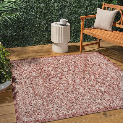JONATHAN Y Weave Floral Indoor Outdoor Square Area Rug 6X6 Red/Taupe, Tela Bohemian Textured for Backyard, Patio, Porch, Easy-Cleaning, High Traffic, Pet-Friendly, Non-Shedding (SMB100A-6SQ)