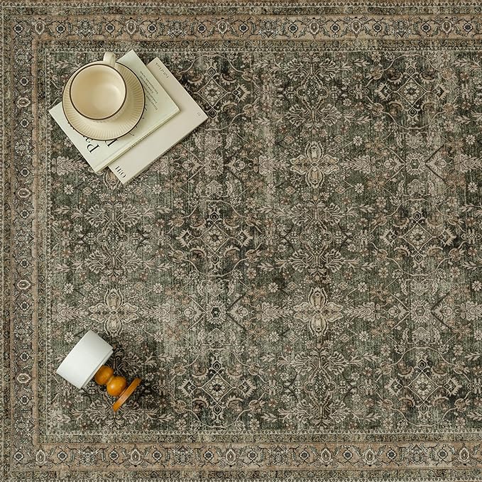 8x10 Area Rug for Living Room Green Brown Vintage Washable Bedroom Carpet Traditional Distressed Soft Non Slip Indoor Large Accent Rug Retro Thin Low Pile Floor Cover for Dining Room Playroom