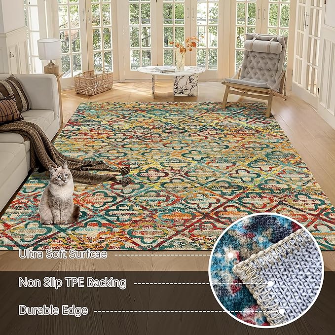 RUGSURE Washable Area Rugs, 9' x 12' - 1/6 Thick - Stain & Water Resistant Non-Slip - Perfect Resistant Rug for Living Room, Bedroom, Nursery, Pet & Child Friendly, Vibrant Colors Rugs, Multicolor