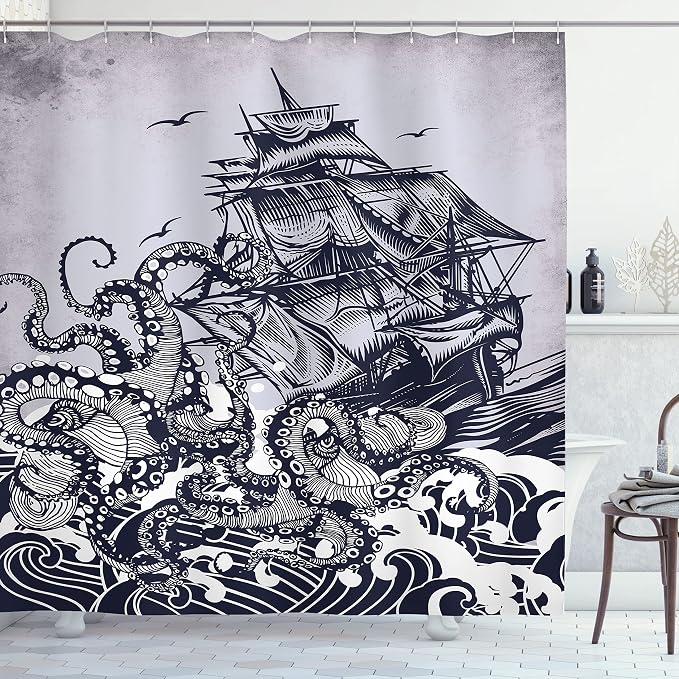 Ambesonne Nautical Shower Curtain, Coastal Nature Theme Kraken Octopus Tentacles by Ambesonne
