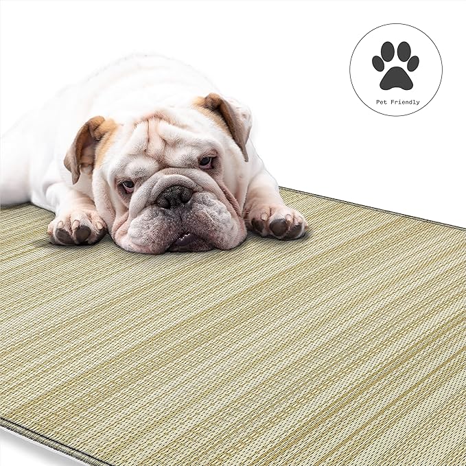 Fab Habitat Outdoor Rug - Waterproof, Fade Resistant, Crease-Free - Premium Recycled Plastic - Neutral Striped - Patio, Deck, Porch, Balcony, Laundry Room - Cancun Shadow - Sand & Black - 4 x 6 ft