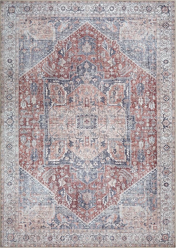 Bloom Rugs Washable Non-Slip 9' x 12' Rug - Red/Blue Traditional Medallion Area Rug for Living Room, Bedroom, Dining Room, and Kitchen - Exact Size: 9' x 12'