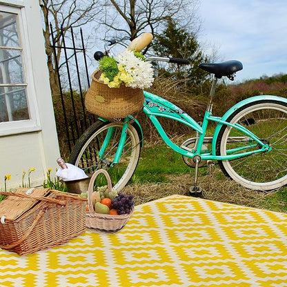 FH Home Outdoor Rug - Waterproof, Fade Resistant, Reversible - Premium Recycled Plastic - Geometric - Patio, Porch, Deck, Balcony - Aztec - Yellow & White Crease Free - 4 x 6 ft