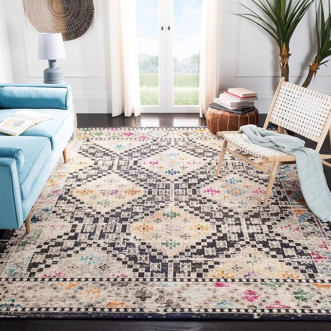SAFAVIEH Area Rug 8x10 - Madison Collection - Large - Black & Yellow, Boho Diamond Distressed Design, Non-Shedding & Easy Cleaning, Ideal for Living Room, Bedroom, Office, Dining Space (MAD418Z)