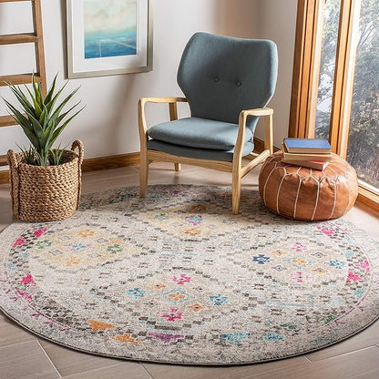 SAFAVIEH Madison Collection 3' Round Grey / Yellow MAD418F Boho Diamond Distressed Non-Shedding Dining Room Entryway Foyer Living Room Bedroom Area Rug
