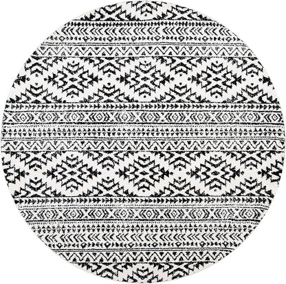 SAFAVIEH Tulum Collection Area Rug - 5' Round, Ivory & Black, Moroccan Boho Tribal Design, Non-Shedding & Easy to Clean, Ideal for Living Room, Bedroom, Dining Space (TUL272B)