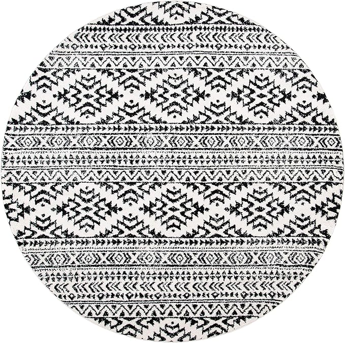 SAFAVIEH Tulum Collection Area Rug - 3' Round, Ivory & Black, Moroccan Boho Tribal Design, Non-Shedding & Easy to Clean, Ideal for Entryway, Foyer, Accent Space, Bedroom (TUL272B)