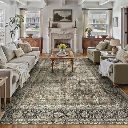 Vintage Area Rug 5x7 Brown Washable Living Room Large Carpet Non Slip Bedroom Indoor Office Low Pile Traditional Distressed Retro Accent Rug for Dining Room Bathroom Kitchen