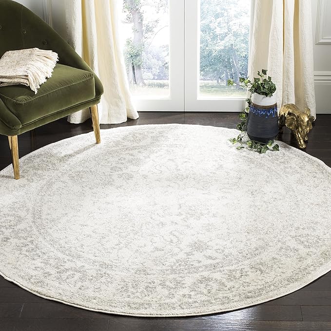 SAFAVIEH Adirondack Collection Area Rug - 6'7" Round, Ivory & Silver, Distressed Vintage Floral Design, Non-Shedding & Easy to Clean, Ideal for Living Room, Bedroom, Dining Space (ADR109C)
