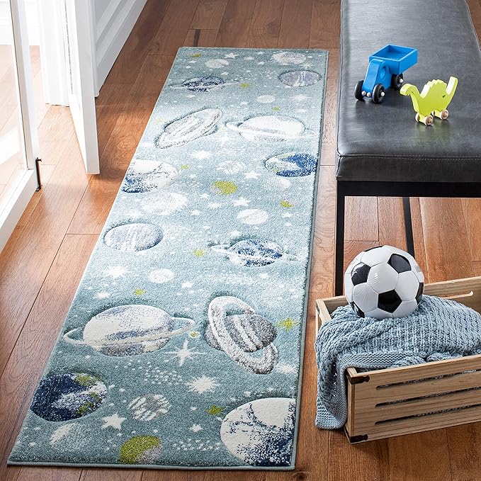 SAFAVIEH Carousel Kids Collection Runner Rug - 2'3" x 10', Teal & Ivory, Non-Shedding & Easy Care, Ideal for High Traffic Areas for Boys & Girls in Playroom, Nursery, Bedroom (CRK103J)