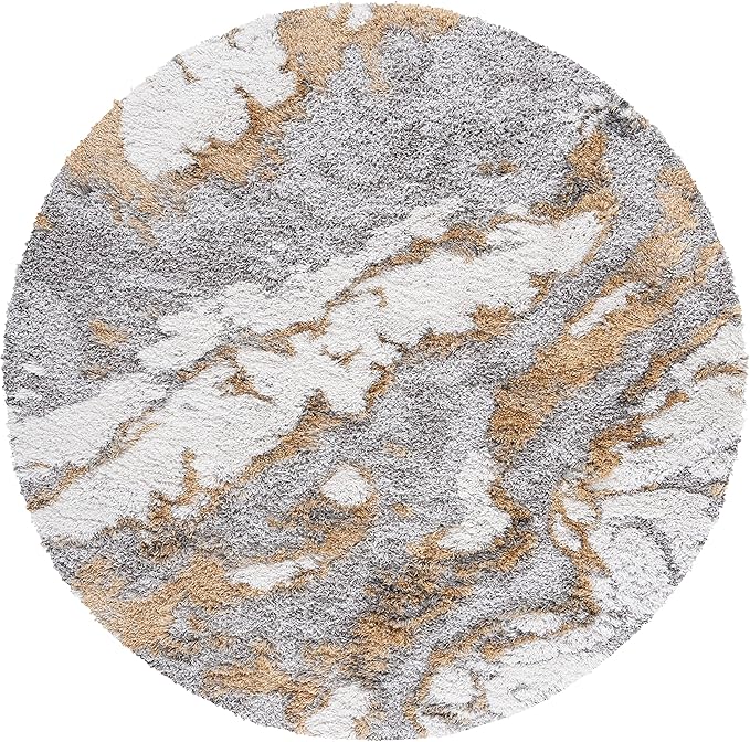 SAFAVIEH Horizon Shag Collection Area Rug - 9' Round, Grey & Gold, Modern Abstract Design, Plush 2.5-inch Thick, Ideal for High Traffic Areas in Living Room, Bedroom, Dining (HZN890D-9R)