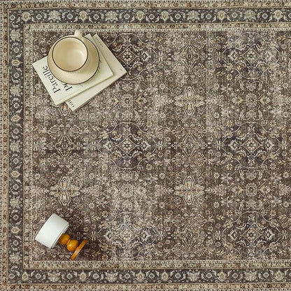 Area Rug 5x7 Brown Washable Vintage Living Room Carpetb Traditional Distressed Bedroom Indoor Soft Non Slip Large Rug Retro Thin Low Pile Floor Cover for Office Dining Room