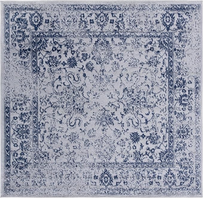 SAFAVIEH Adirondack Collection Area Rug - 6' Square, Grey & Navy, Distressed Vintage Floral Design, Non-Shedding & Easy to Clean, Ideal for Living Room, Bedroom, Dining Space (ADR109P)