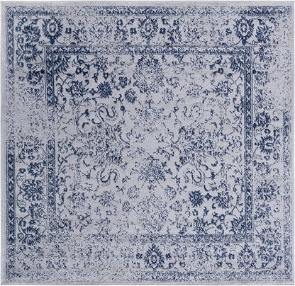 SAFAVIEH Adirondack Collection Area Rug - 6' Square, Grey & Navy, Distressed Vintage Floral Design, Non-Shedding & Easy to Clean, Ideal for Living Room, Bedroom, Dining Space (ADR109P)