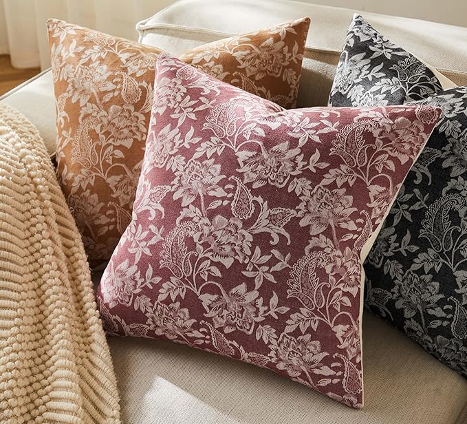 Floral Jacquard Throw Pillow Covers Set of 2, Background/Burgundy 16x16 Inch, Farmhouse Decorative Cotton Burgundy Cushion Covers for Sofa Bed Living Room Home Decor