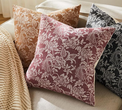 Floral Jacquard Throw Pillow Covers Set of 2, Background/Burgundy 16x16 Inch, Farmhouse Decorative Cotton Burgundy Cushion Covers for Sofa Bed Living Room Home Decor