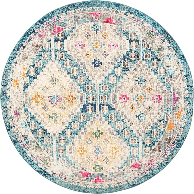 SAFAVIEH Madison Collection 5' Round Dark Blue / Yellow MAD418N Boho Diamond Distressed Non-Shedding Dining Room Entryway Foyer Living Room Bedroom Area Rug