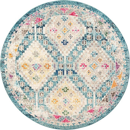 SAFAVIEH Madison Collection 5' Round Dark Blue / Yellow MAD418N Boho Diamond Distressed Non-Shedding Dining Room Entryway Foyer Living Room Bedroom Area Rug