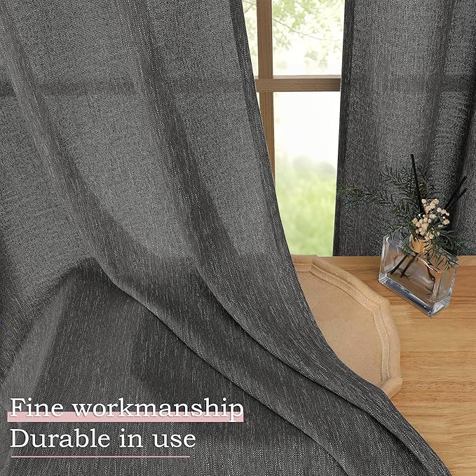 Simplebrand Grey Faux Linen Textured Semi Sheer Curtains 96 Inches Long 2 Panels Set, Light Filtering Soft Thick Farmhouse Curtains Window Treatment for Bedroom/Living Room/Dining Room, 50 x 96 Inch