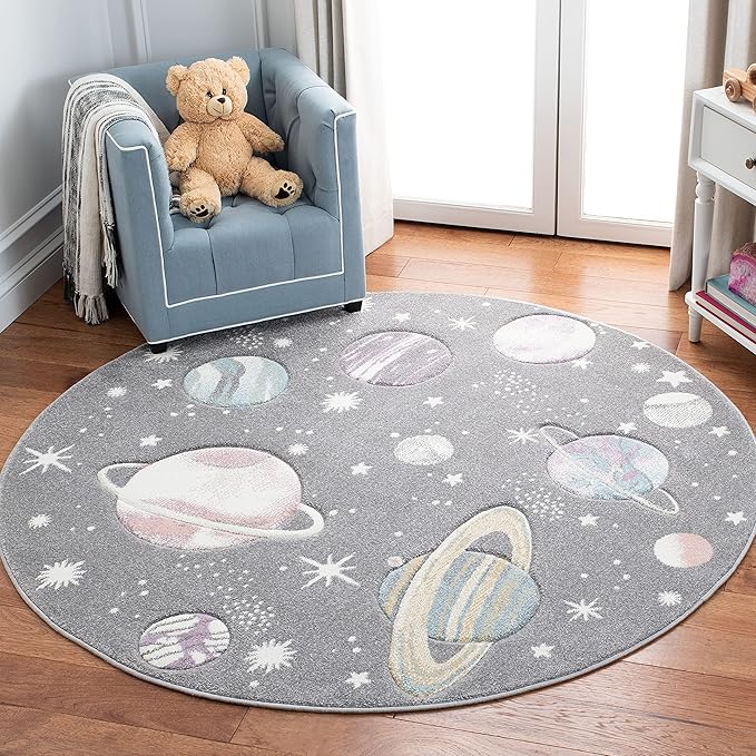 SAFAVIEH Carousel Kids Collection 6'7" Round Grey/Lavender CRK103F Outer Space Non-Shedding Playroom Nursery Bedroom Area Rug