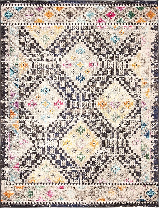 SAFAVIEH Area Rug 8x10 - Madison Collection - Large - Black & Yellow, Boho Diamond Distressed Design, Non-Shedding & Easy Cleaning, Ideal for Living Room, Bedroom, Office, Dining Space (MAD418Z)