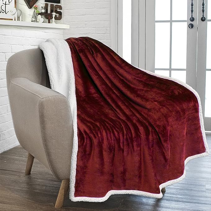 PAVILIA Sherpa Fleece Throw Blanket for Couch, Maroon Red, Plush Soft Fuzzy Sofa Blanket, Cozy Reversible Winter Throw for Women Men, 50x60 Inches