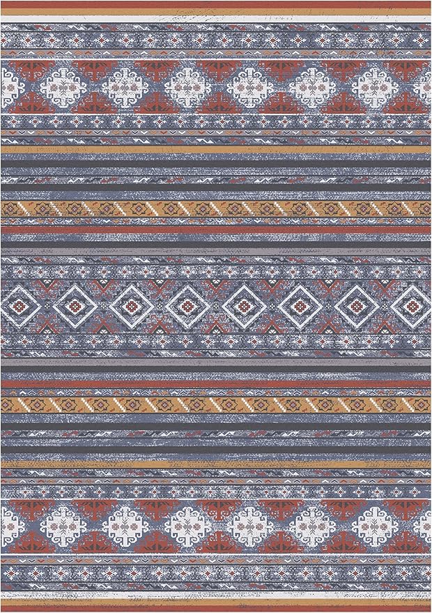 RUGSURE Washable Area Rugs 9' x 12' - 1/6 Thick - Moroccan-Inspired -Stain & Water Resistant Non-Slip - Resistant Rug for Living Room, Bedroom, Nursery, Pet & Child Friendly (Blue and Red)