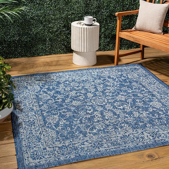 JONATHAN Y Weave Floral Indoor Outdoor Square Area Rug 3X3 Navy/Gray, Tela Bohemian Textured for Backyard, Patio, Porch, Easy-Cleaning, High Traffic, Pet-Friendly, Non-Shedding (SMB100B-3SQ)