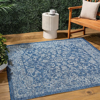 JONATHAN Y Weave Floral Indoor Outdoor Square Area Rug 3X3 Navy/Gray, Tela Bohemian Textured for Backyard, Patio, Porch, Easy-Cleaning, High Traffic, Pet-Friendly, Non-Shedding (SMB100B-3SQ)